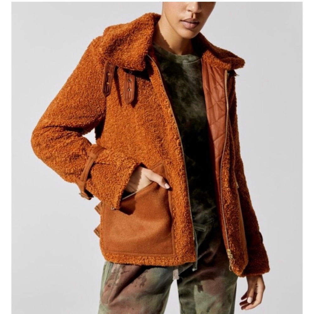 Jonathan Simkhai Standard Amira Aviator Sherpa Jacket Teddy Zip Up Orange Copper